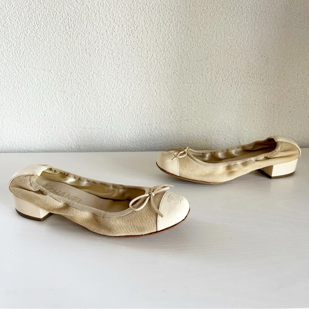 Chanel Low Block Heel Pumps Beige Fabric CC Cap Toe Bow EU 36.5C US 6.5